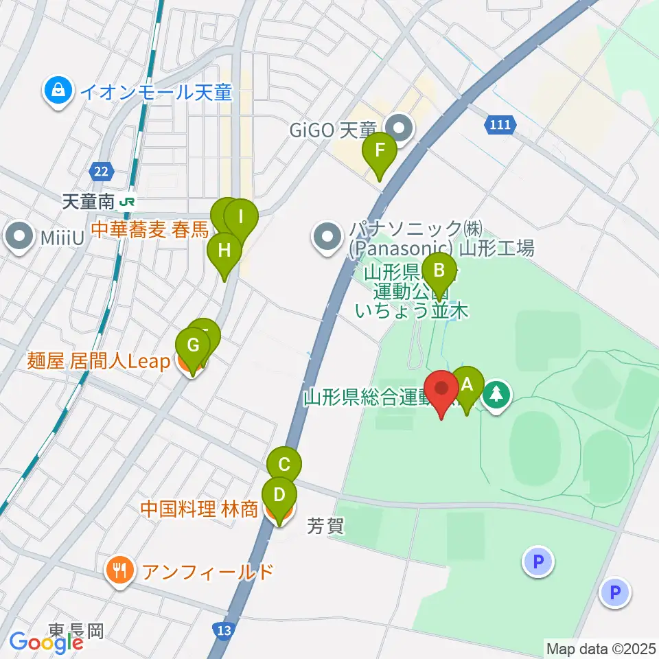 山形県総合運動公園 総合体育館周辺のファミレス・ファーストフード一覧地図