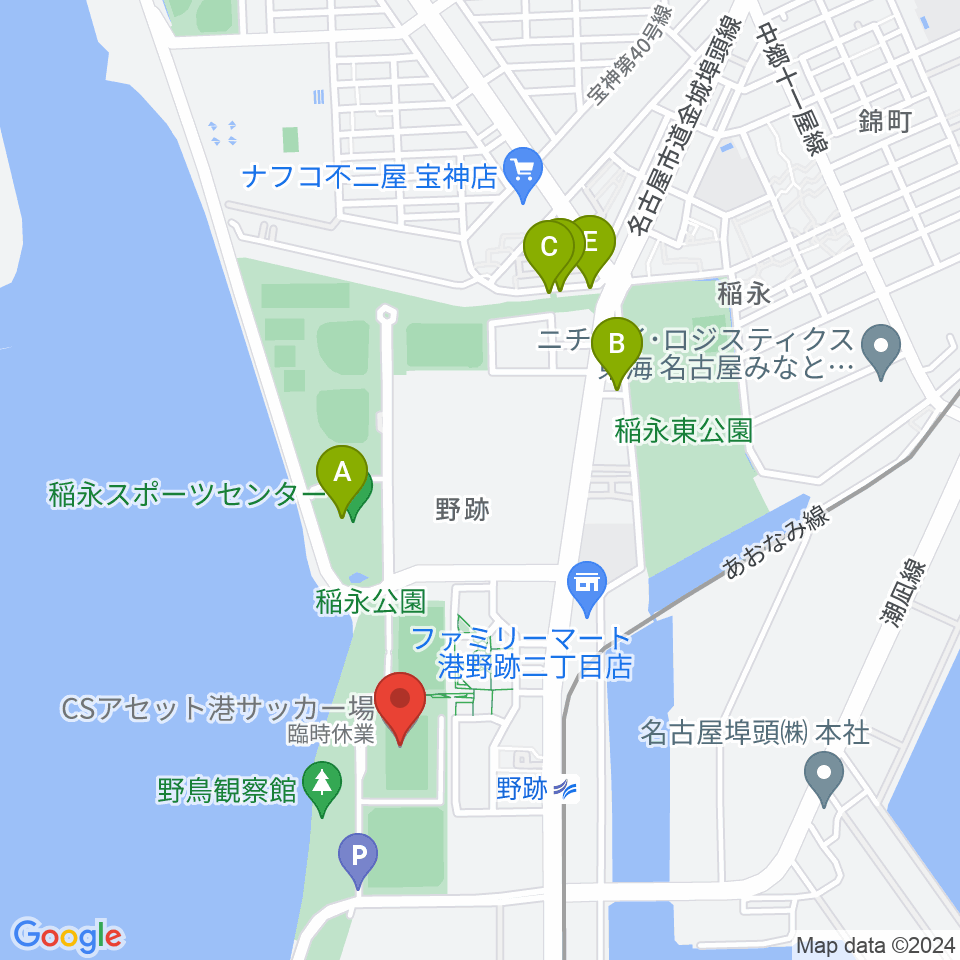 CSアセット港サッカー場周辺のファミレス・ファーストフード一覧地図