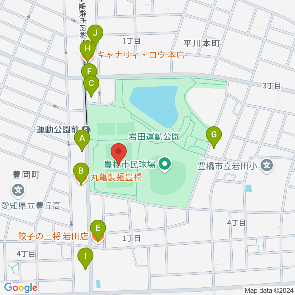 豊橋市民球技場周辺のファミレス・ファーストフード一覧地図