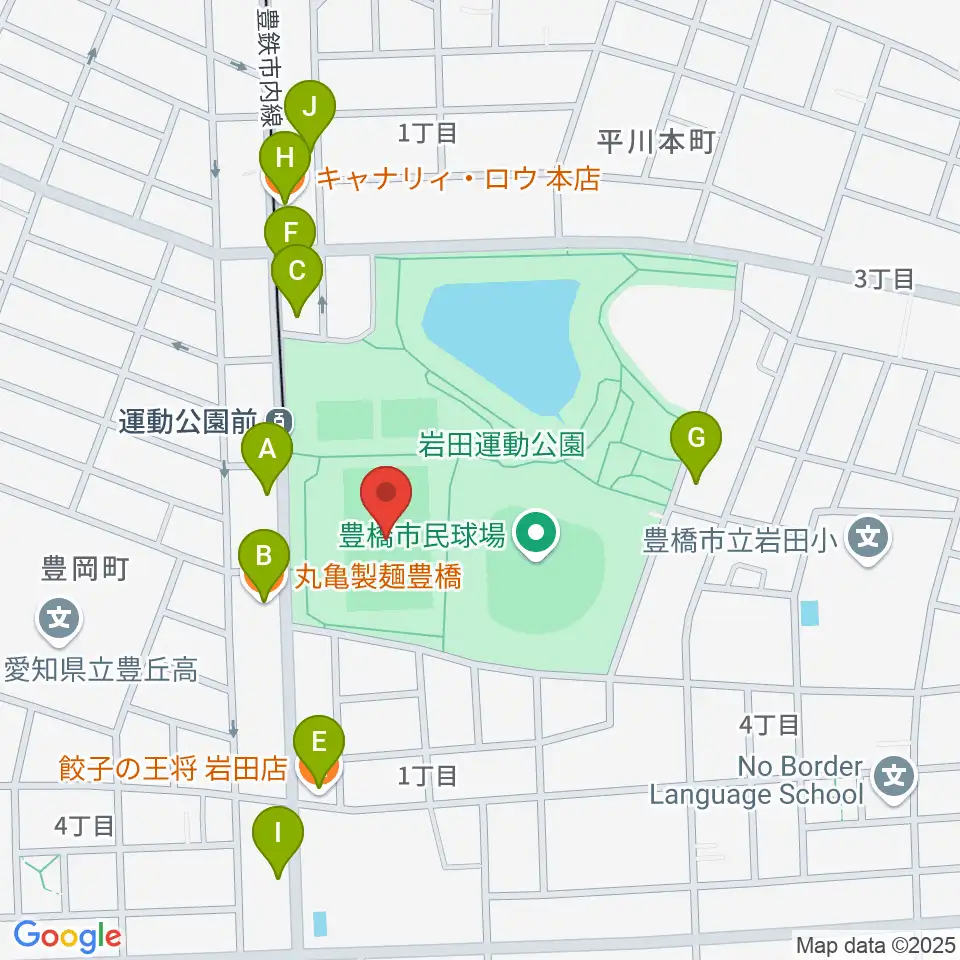 豊橋市民球技場周辺のファミレス・ファーストフード一覧地図