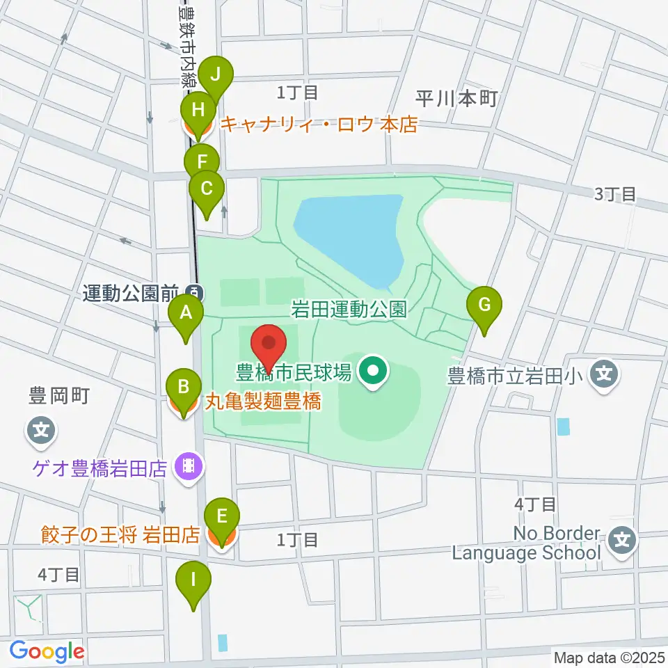 豊橋市民球技場周辺のファミレス・ファーストフード一覧地図