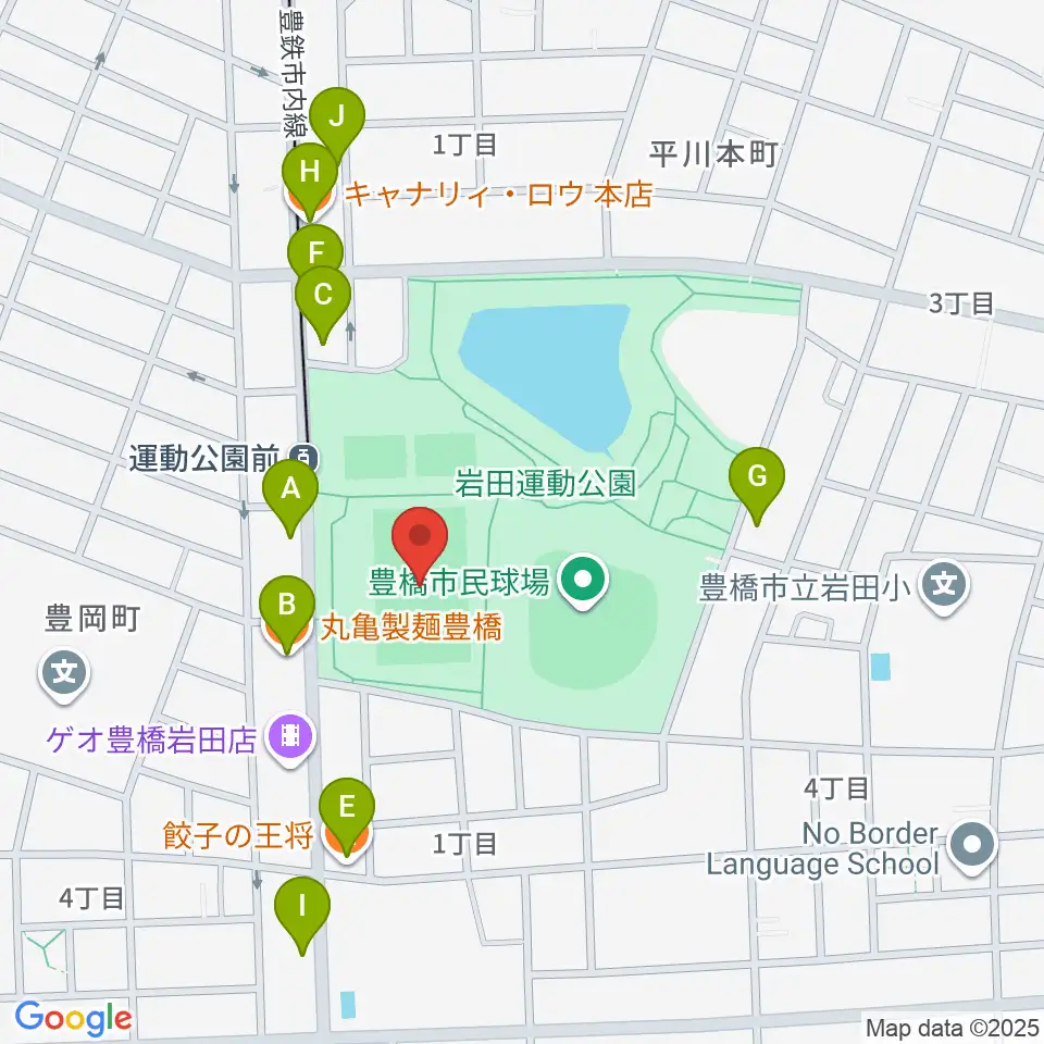 豊橋市民球技場周辺のファミレス・ファーストフード一覧地図