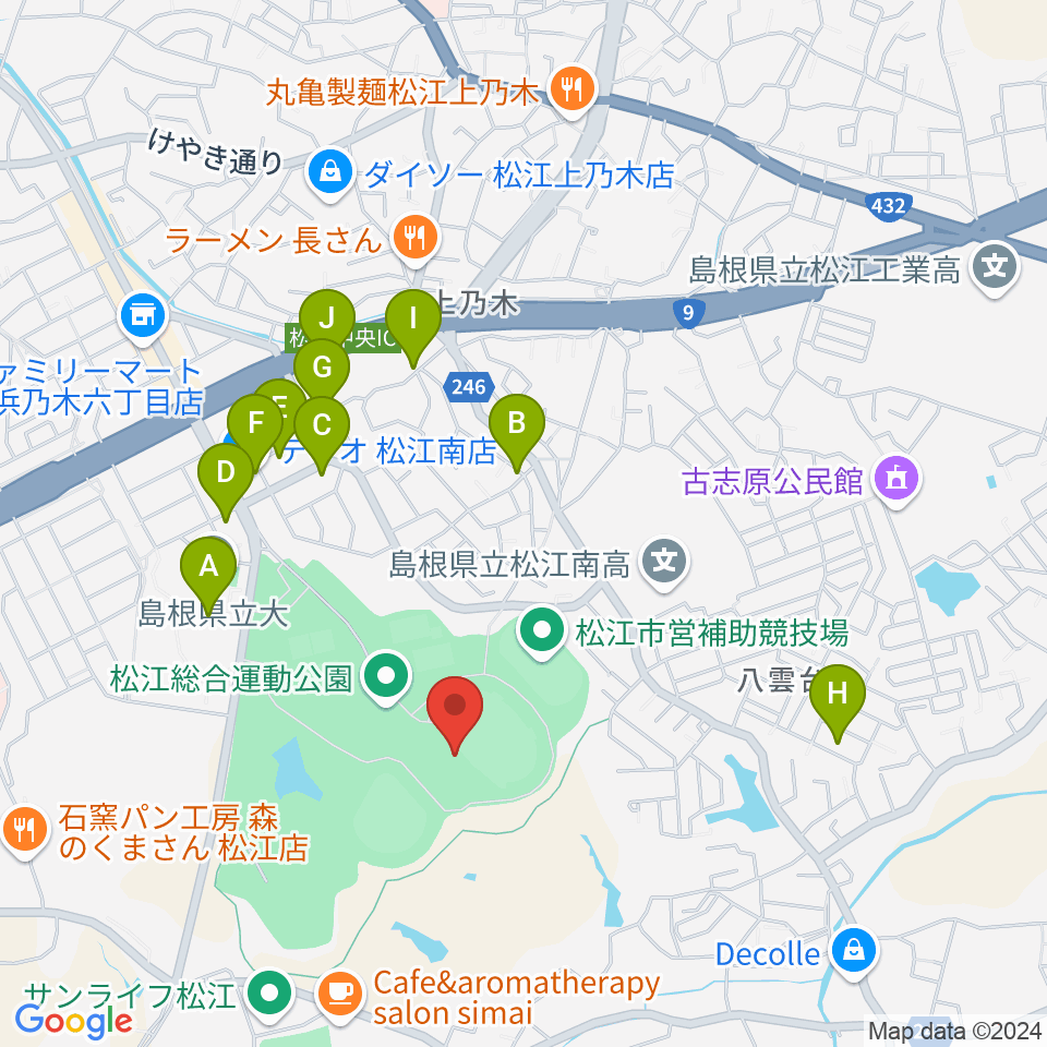 松江市営陸上競技場周辺のファミレス・ファーストフード一覧地図