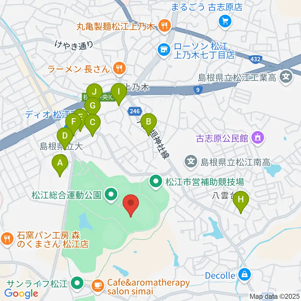 松江市営陸上競技場周辺のファミレス・ファーストフード一覧地図