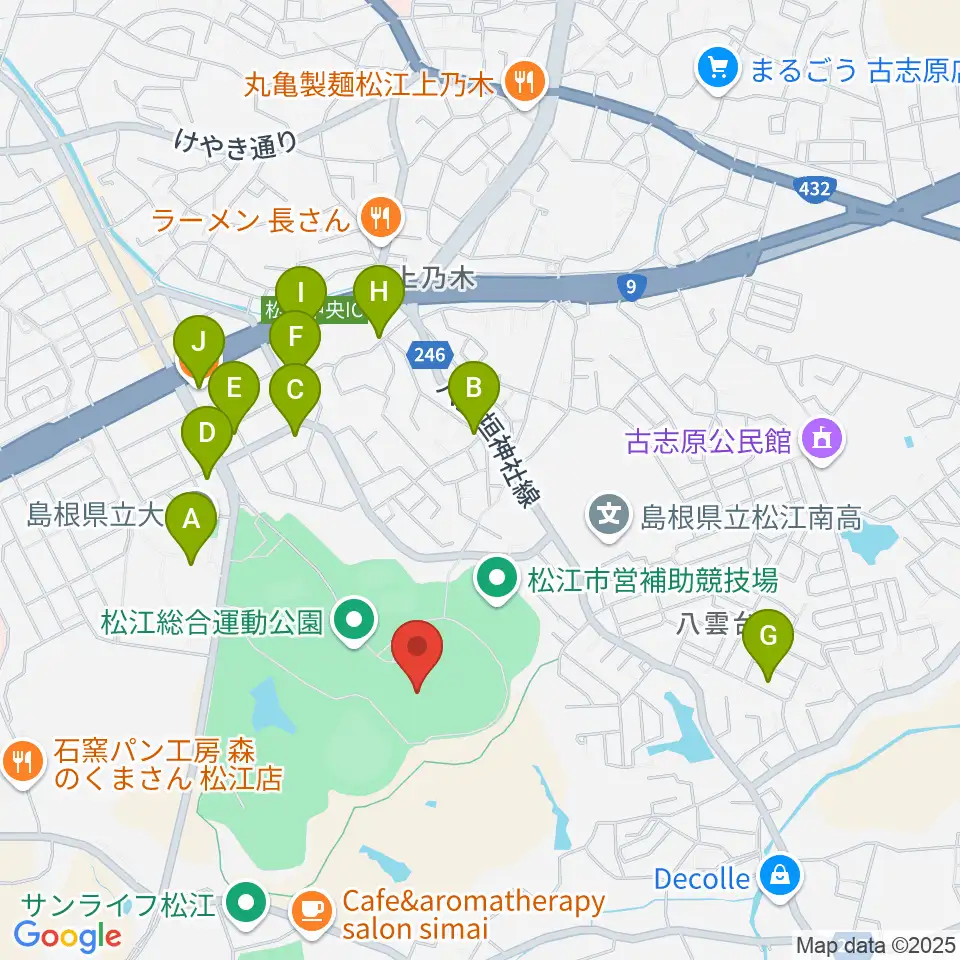 松江市営陸上競技場周辺のファミレス・ファーストフード一覧地図