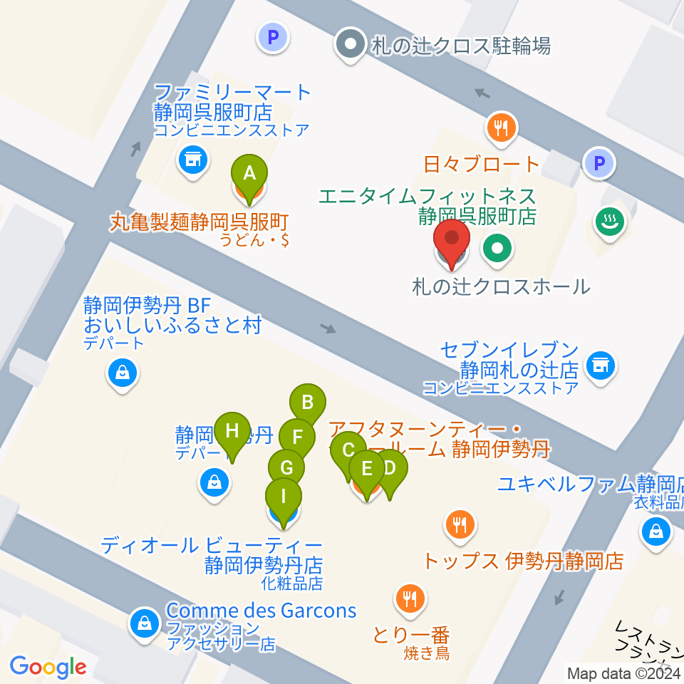 札の辻クロスホール周辺のファミレス・ファーストフード一覧地図