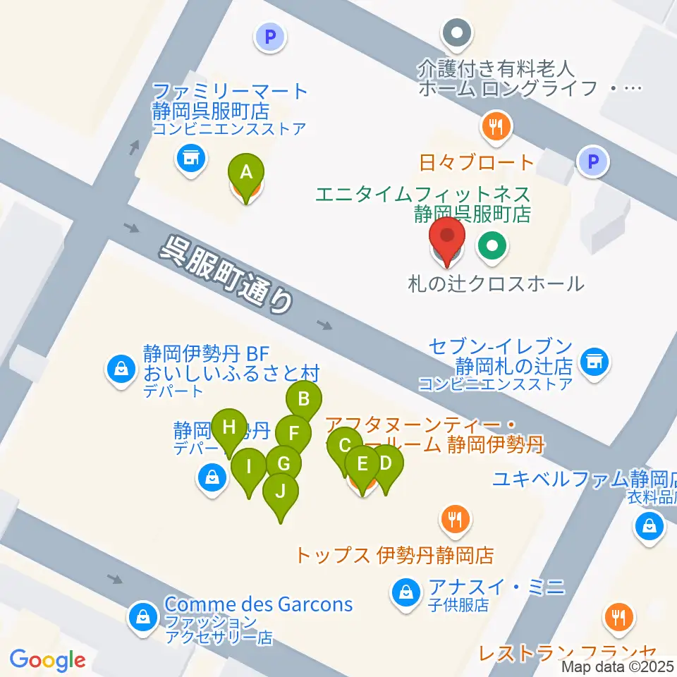 札の辻クロスホール周辺のファミレス・ファーストフード一覧地図