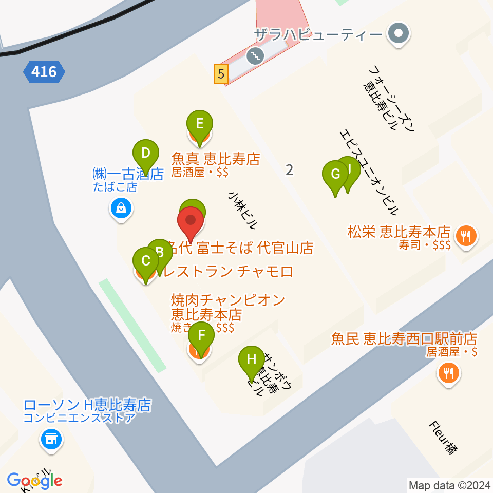 スマイルヴォイス恵比寿校周辺のファミレス・ファーストフード一覧地図