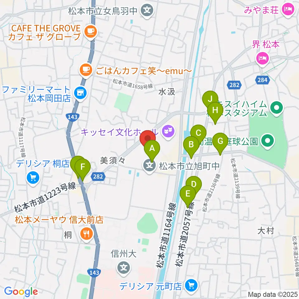 エア・ウォーターアリーナ松本周辺のファミレス・ファーストフード一覧地図