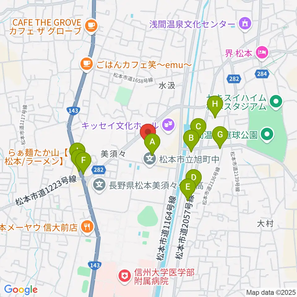 エア・ウォーターアリーナ松本周辺のファミレス・ファーストフード一覧地図