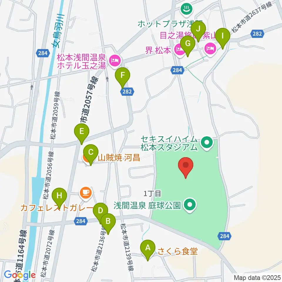 セキスイハイム松本スタジアム周辺のファミレス・ファーストフード一覧地図