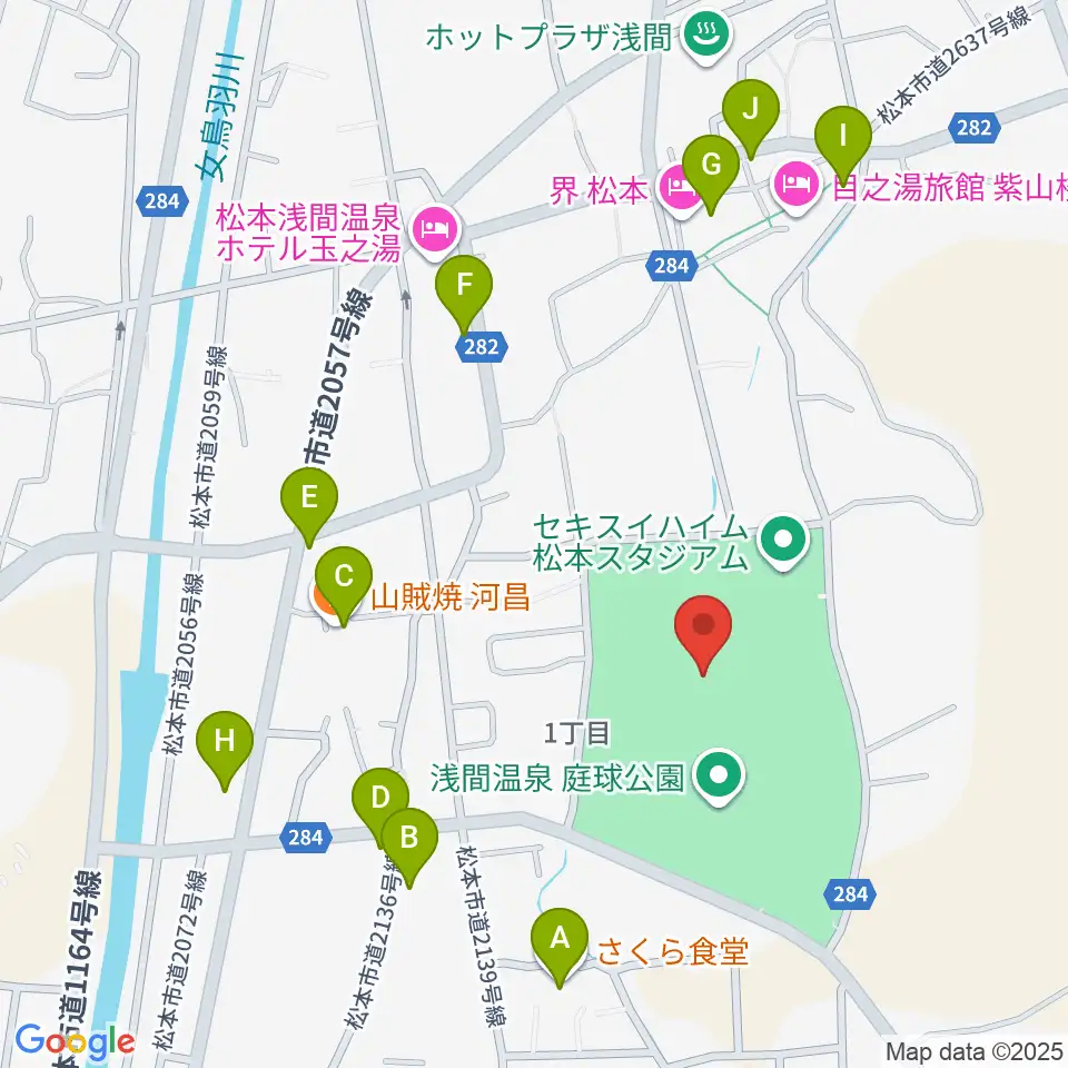 セキスイハイム松本スタジアム周辺のファミレス・ファーストフード一覧地図