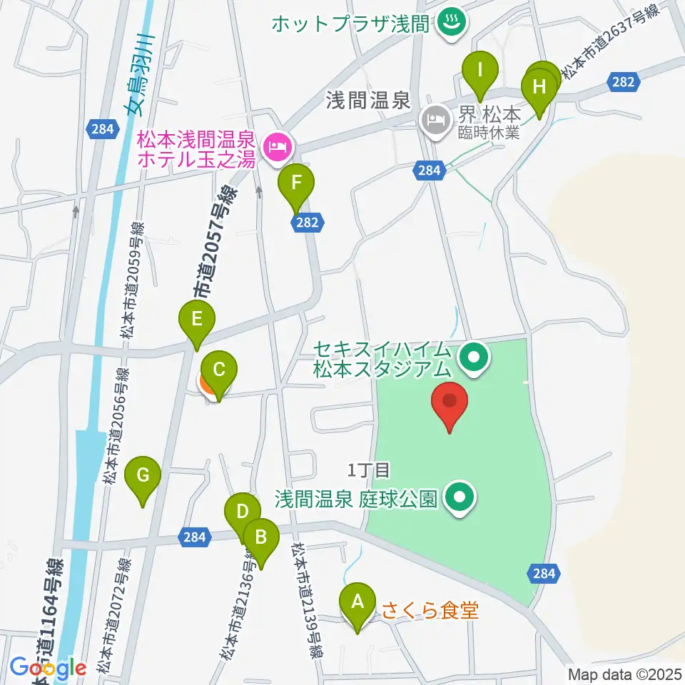 セキスイハイム松本スタジアム周辺のファミレス・ファーストフード一覧地図
