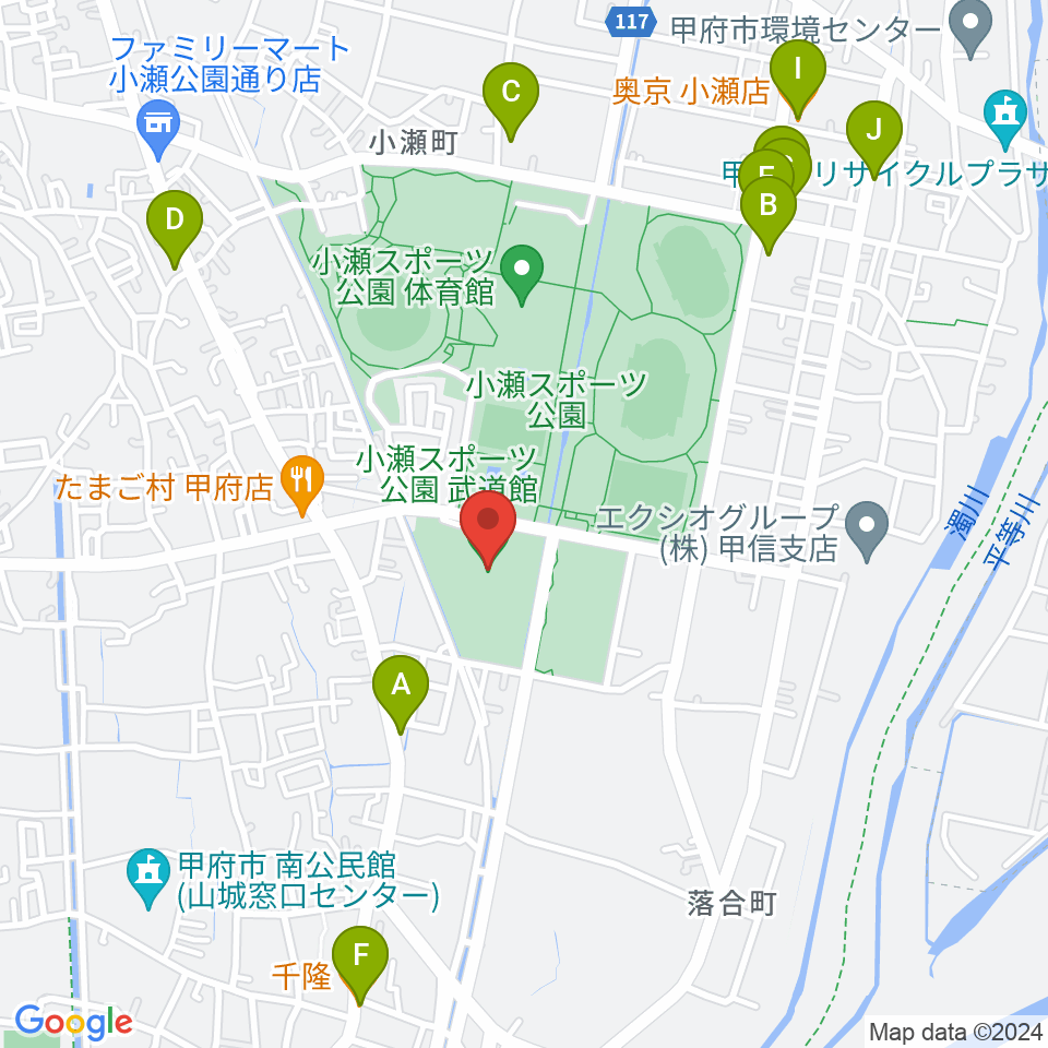 小瀬スポーツ公園武道館周辺のファミレス・ファーストフード一覧地図