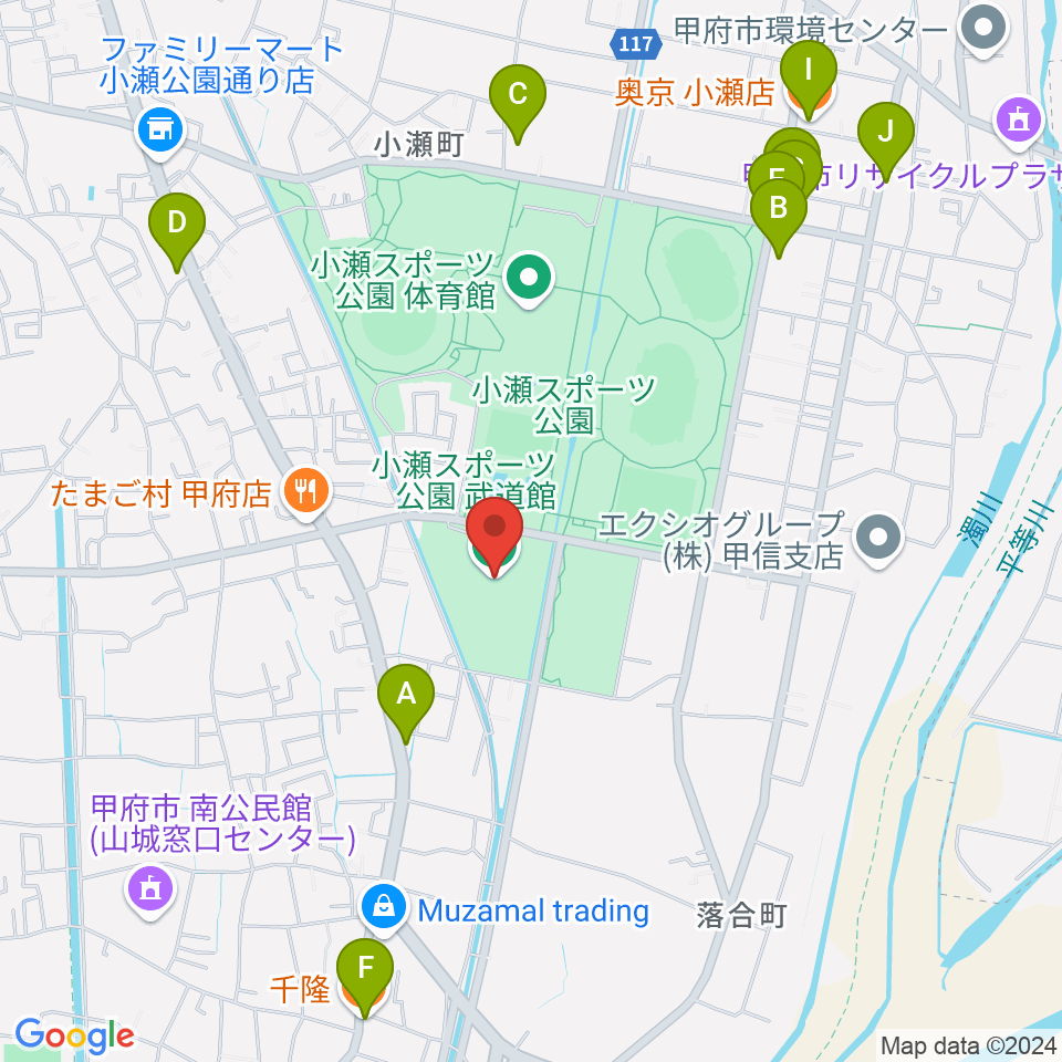 小瀬スポーツ公園武道館周辺のファミレス・ファーストフード一覧地図