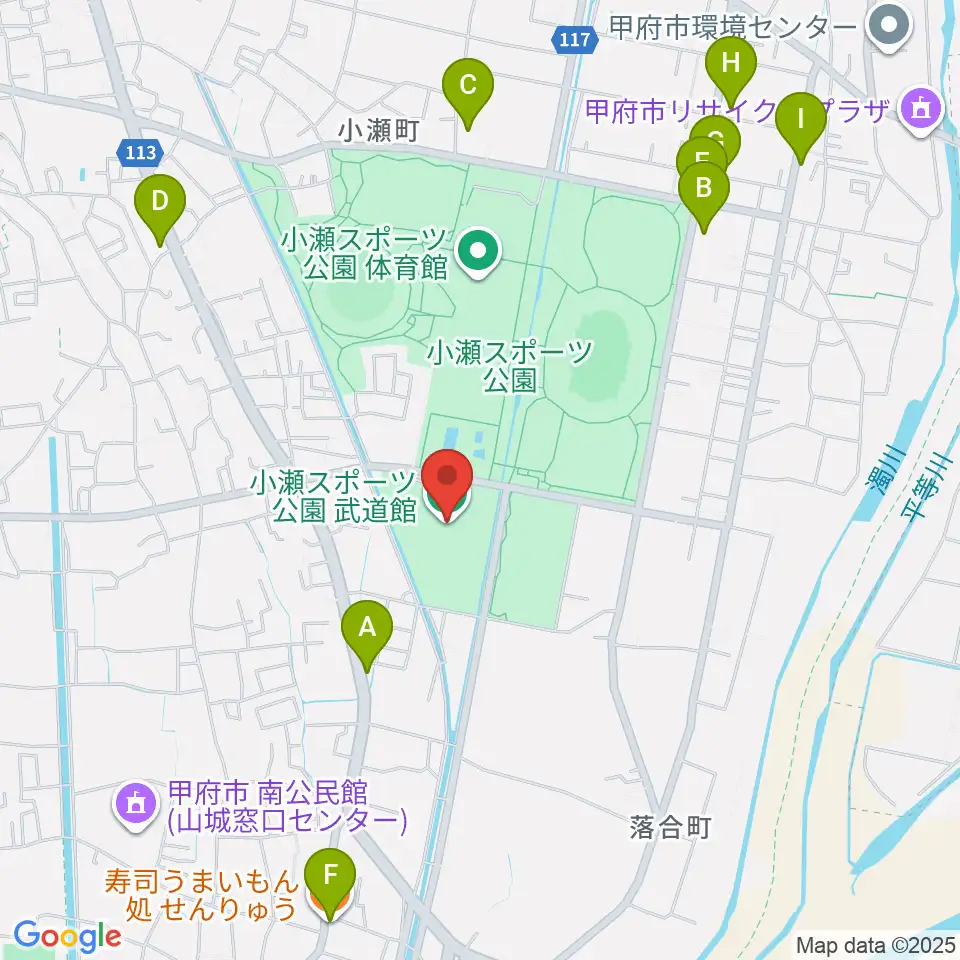 小瀬スポーツ公園武道館周辺のファミレス・ファーストフード一覧地図