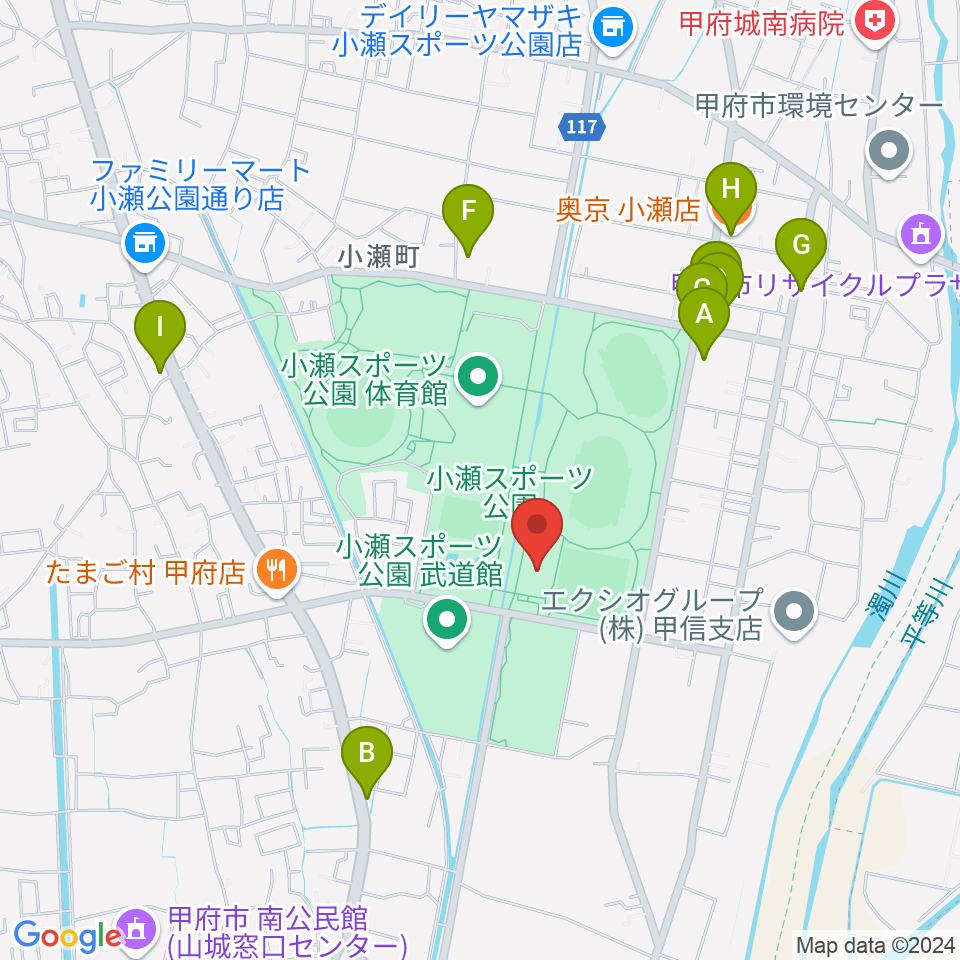 小瀬スポーツ公園アイスアリーナ周辺のファミレス・ファーストフード一覧地図