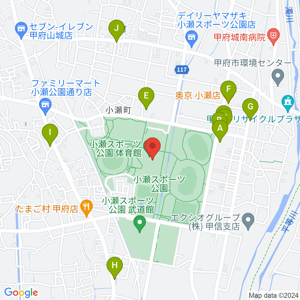 小瀬スポーツ公園体育館周辺のファミレス・ファーストフード一覧地図