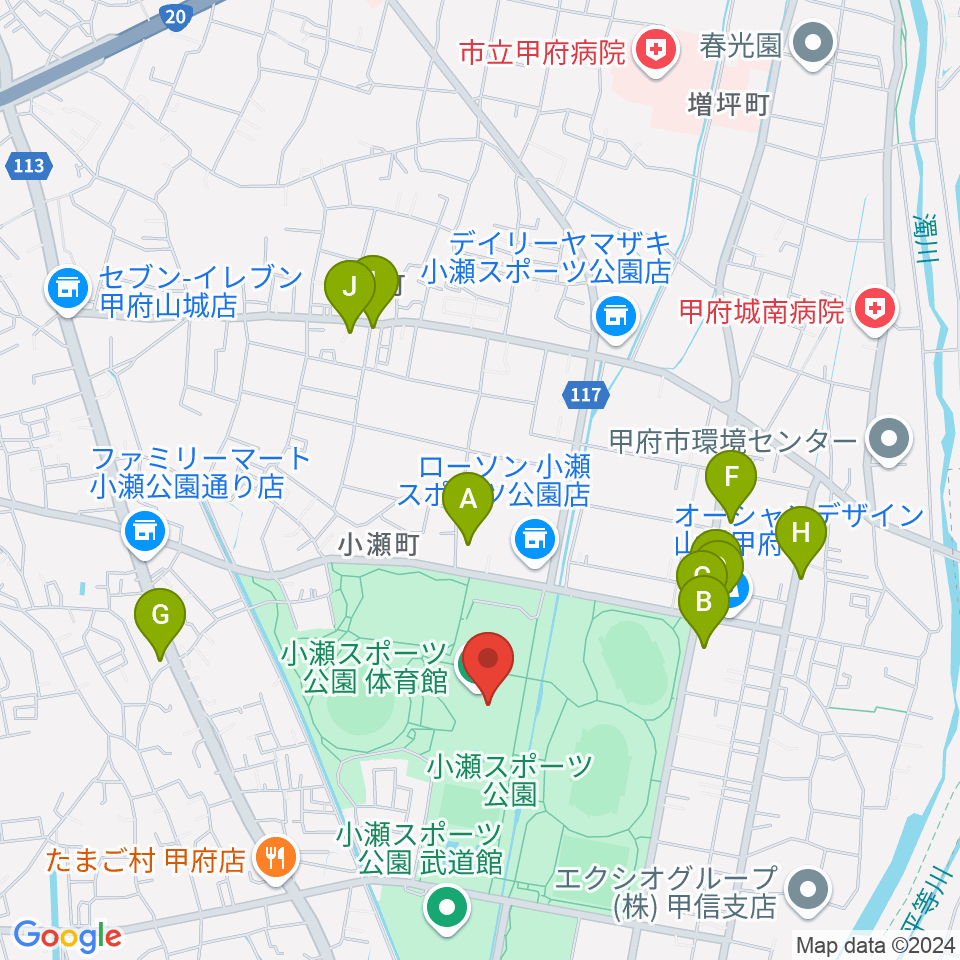 小瀬スポーツ公園体育館周辺のファミレス・ファーストフード一覧地図