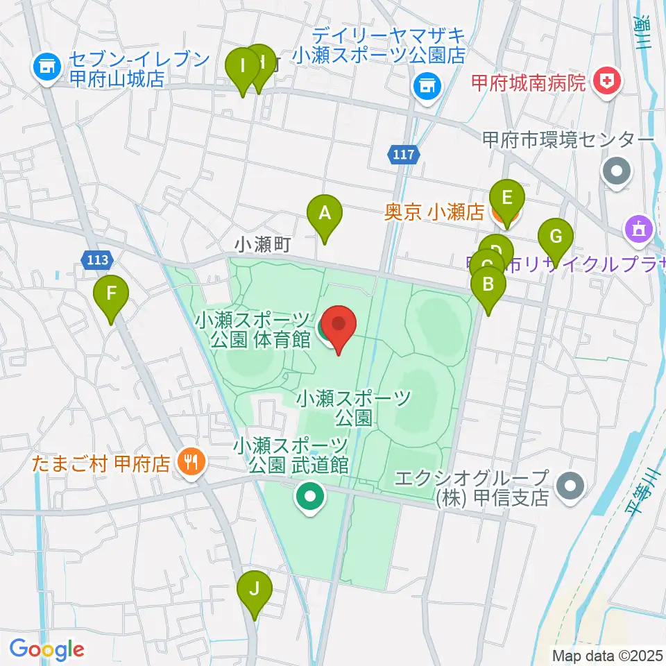 小瀬スポーツ公園体育館周辺のファミレス・ファーストフード一覧地図