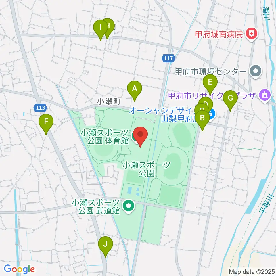 小瀬スポーツ公園体育館周辺のファミレス・ファーストフード一覧地図