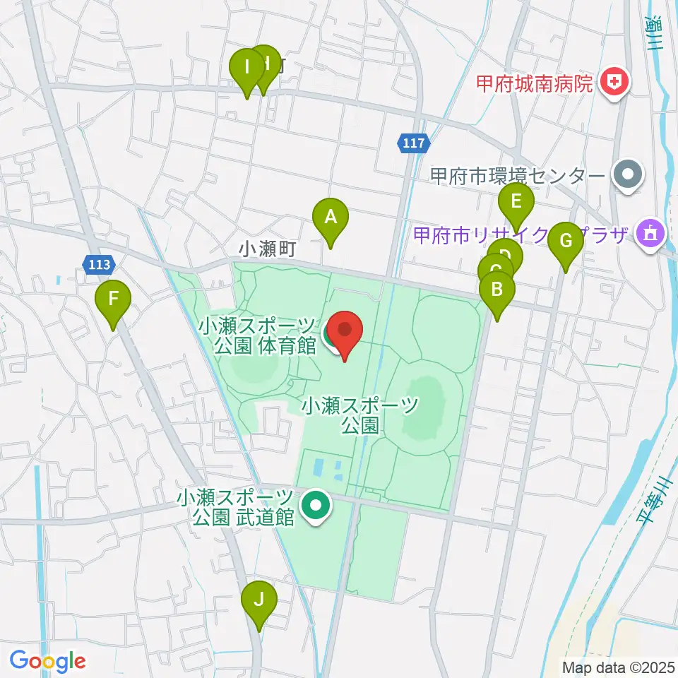 小瀬スポーツ公園体育館周辺のファミレス・ファーストフード一覧地図