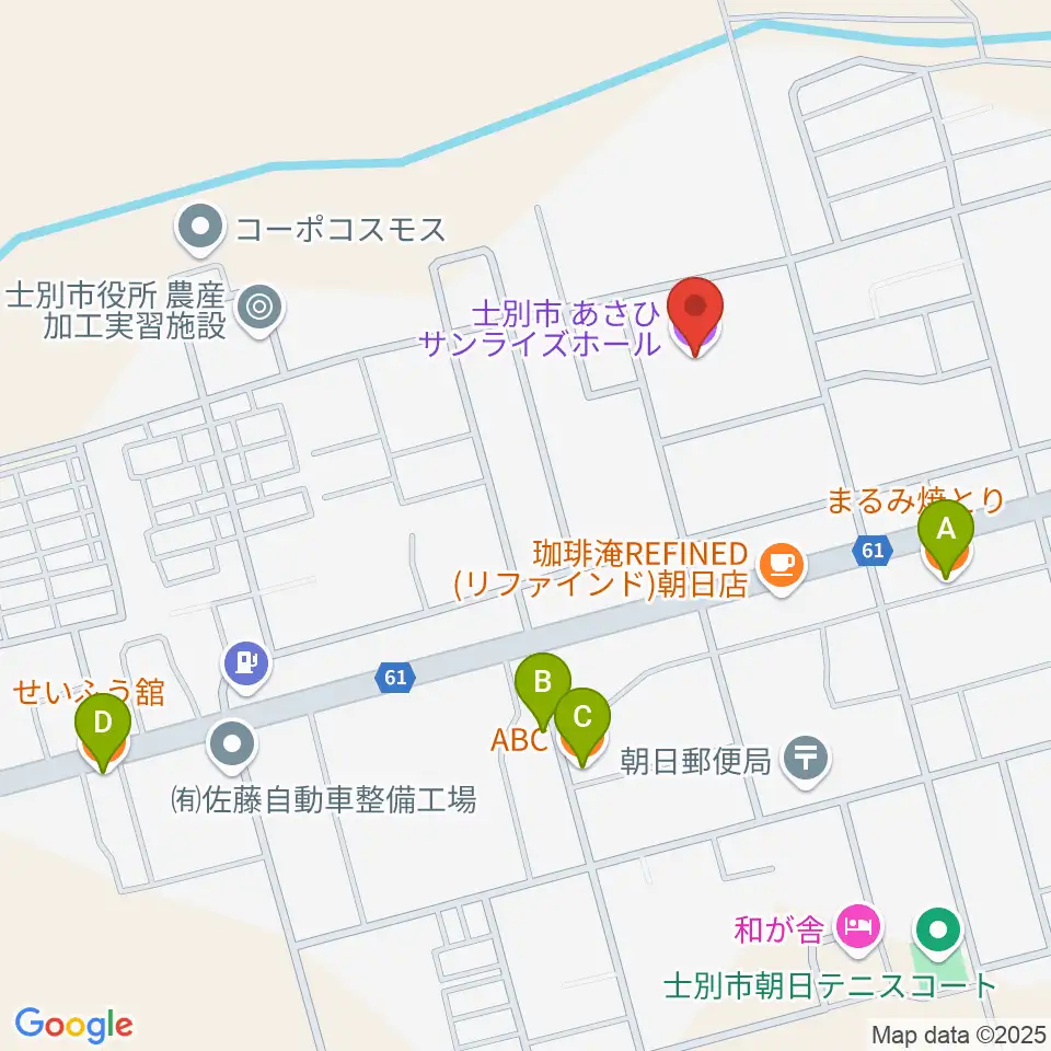 士別市あさひサンライズホール周辺のファミレス・ファーストフード一覧地図