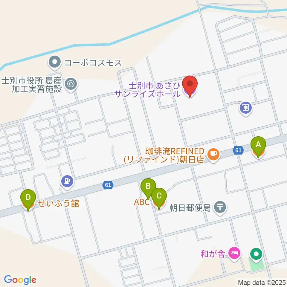 士別市あさひサンライズホール周辺のファミレス・ファーストフード一覧地図