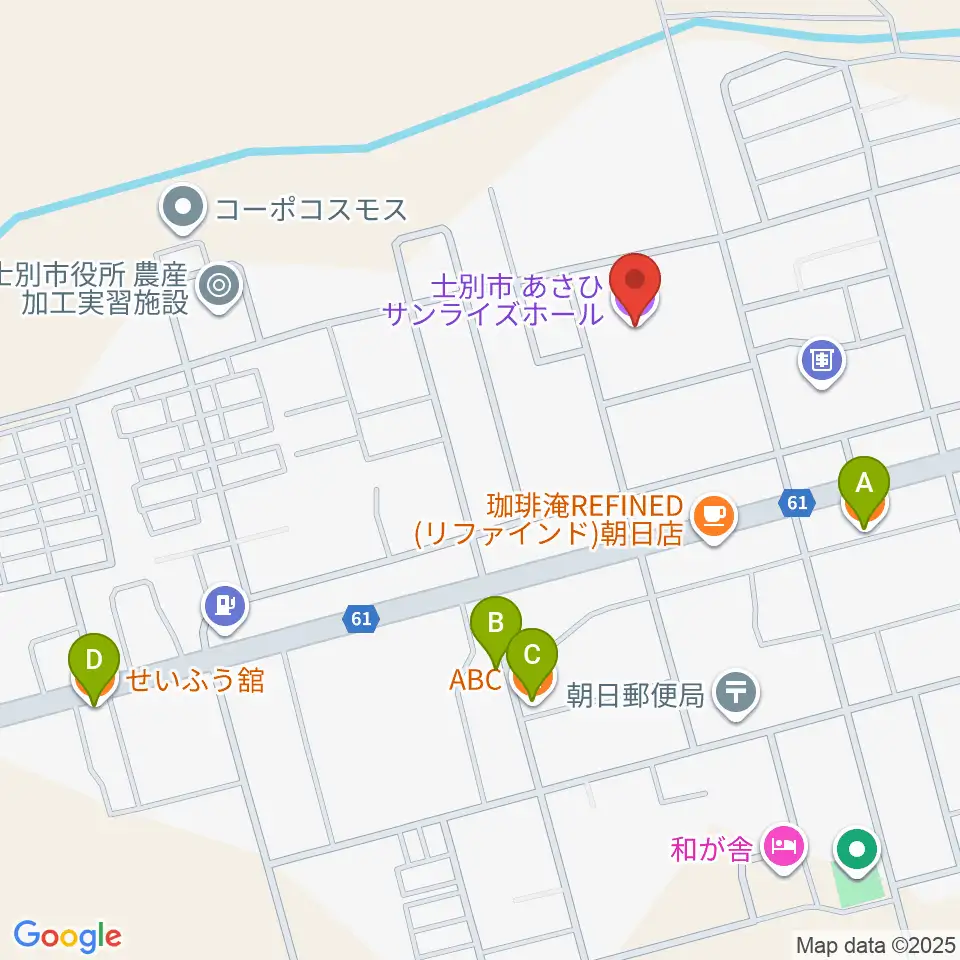 士別市あさひサンライズホール周辺のファミレス・ファーストフード一覧地図