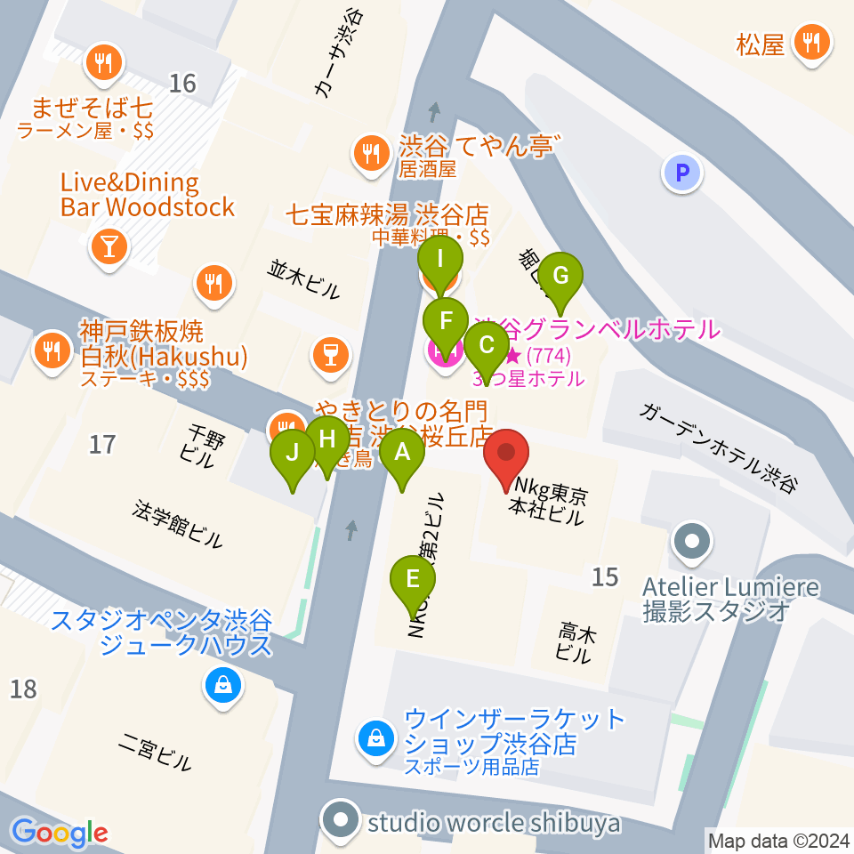 渋谷ホール＆スタジオ周辺のファミレス・ファーストフード一覧地図