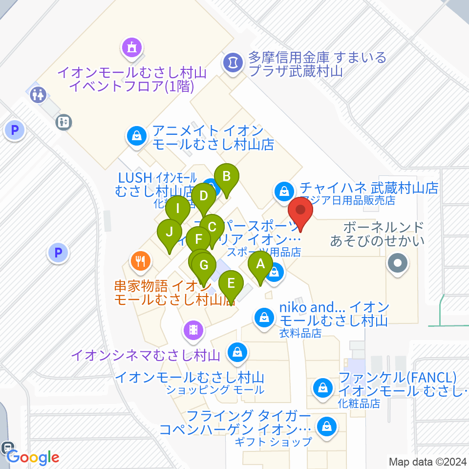 島村楽器 イオンモールむさし村山店周辺のファミレス・ファーストフード一覧地図