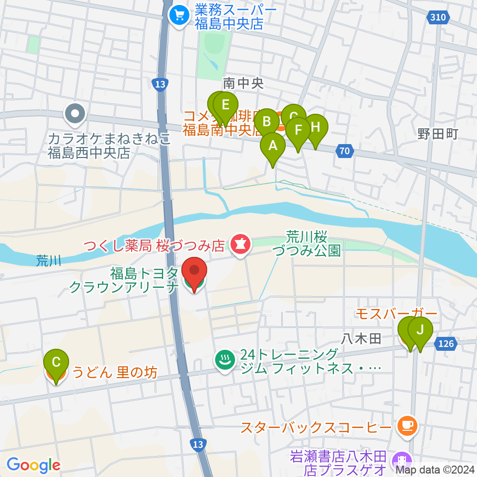 福島トヨタクラウンアリーナ周辺のファミレス・ファーストフード一覧地図