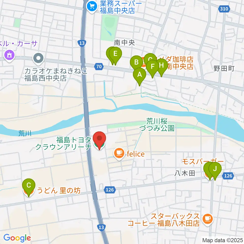 福島トヨタクラウンアリーナ周辺のファミレス・ファーストフード一覧地図