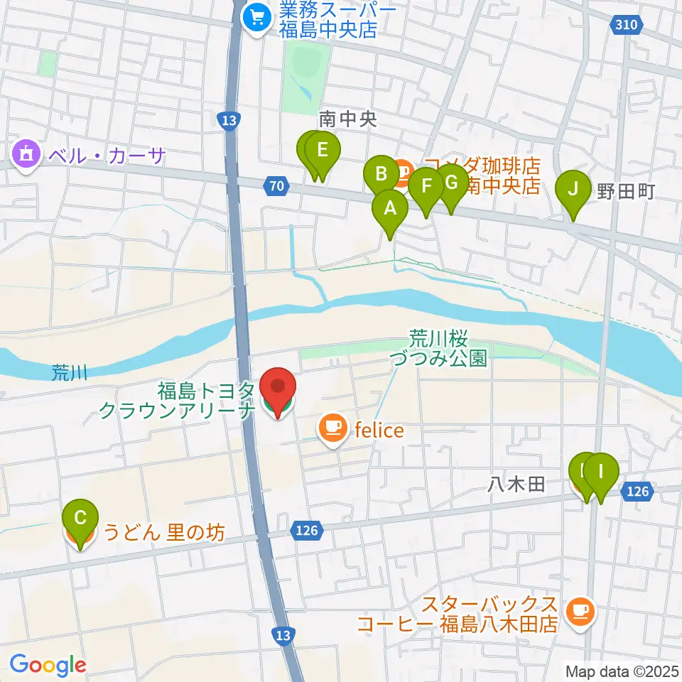 福島トヨタクラウンアリーナ周辺のファミレス・ファーストフード一覧地図
