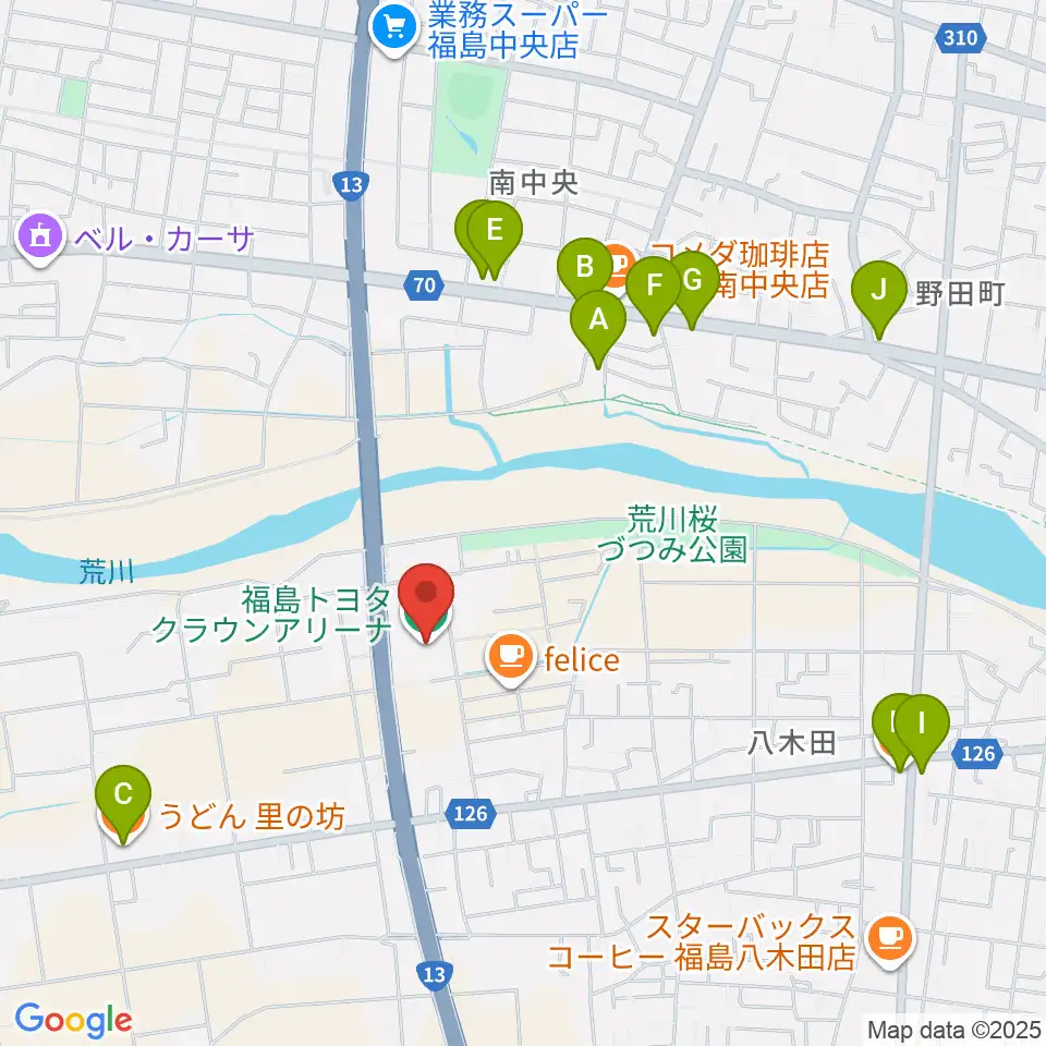 福島トヨタクラウンアリーナ周辺のファミレス・ファーストフード一覧地図