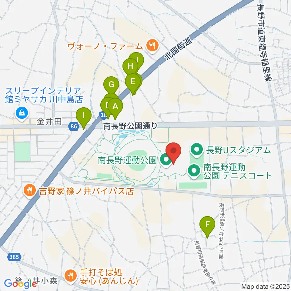 南長野運動公園体育館周辺のファミレス・ファーストフード一覧地図
