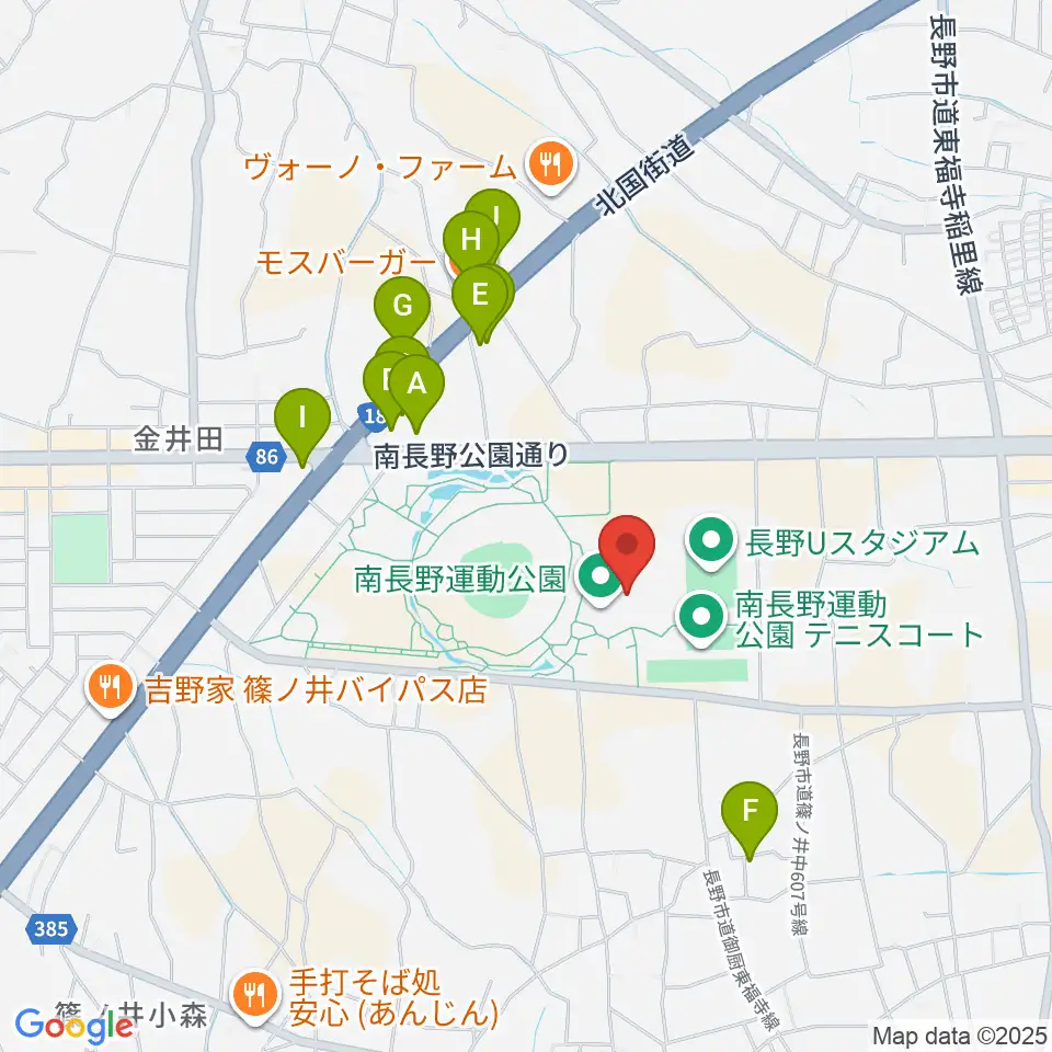 南長野運動公園体育館周辺のファミレス・ファーストフード一覧地図