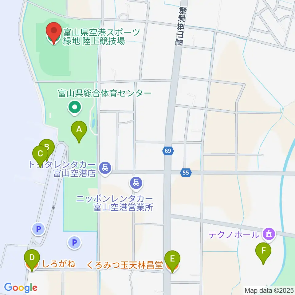 富山県空港スポーツ緑地 陸上競技場周辺のファミレス・ファーストフード一覧地図