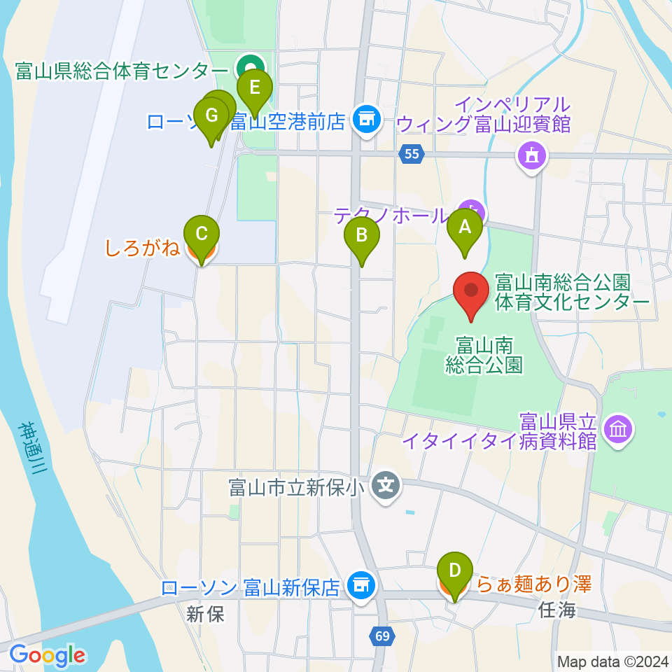 富山市南総合公園体育文化センター周辺のファミレス・ファーストフード一覧地図