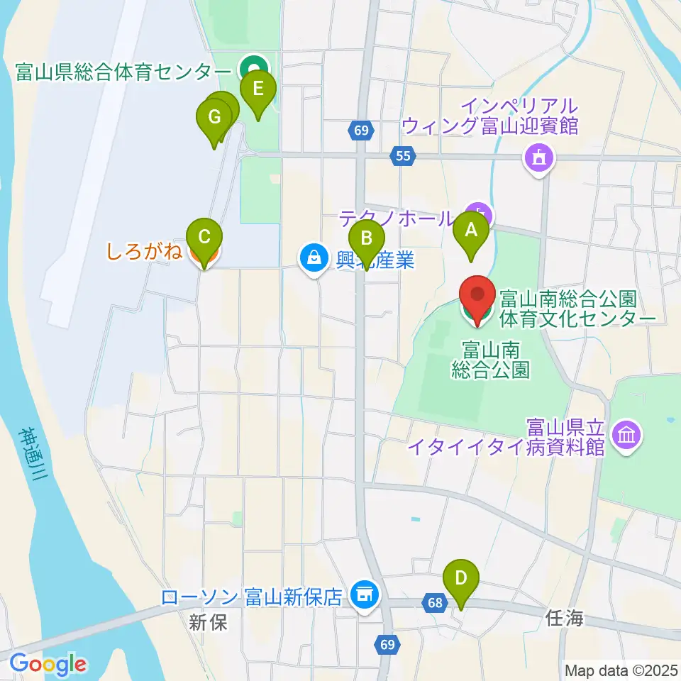 富山市南総合公園体育文化センター周辺のファミレス・ファーストフード一覧地図