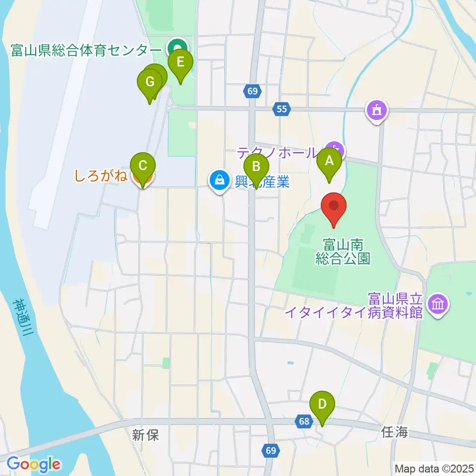 富山市南総合公園体育文化センター周辺のファミレス・ファーストフード一覧地図
