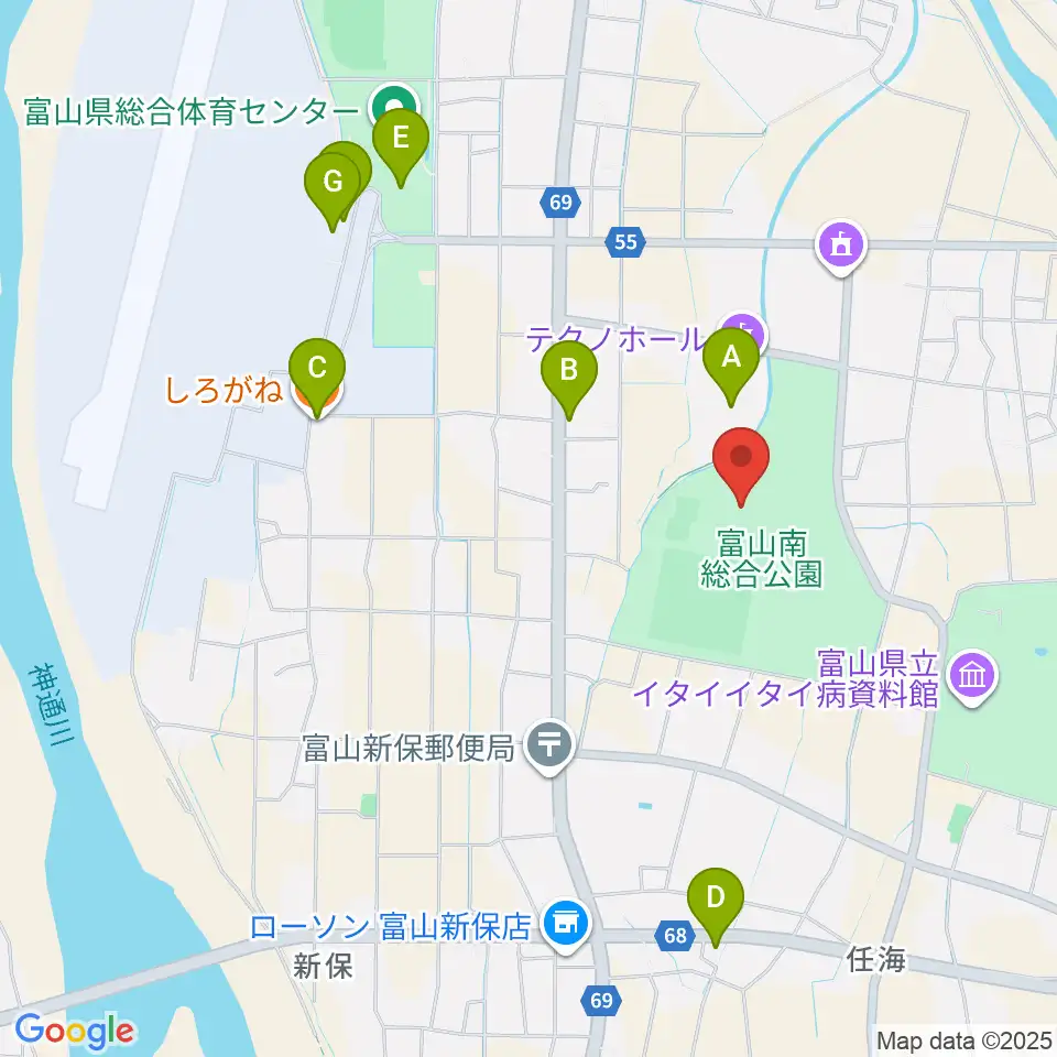 富山市南総合公園体育文化センター周辺のファミレス・ファーストフード一覧地図
