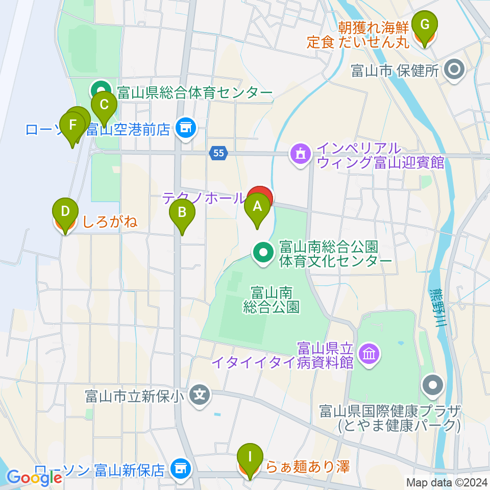 富山テクノホール周辺のファミレス・ファーストフード一覧地図