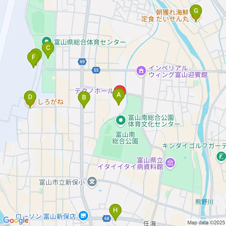 富山テクノホール周辺のファミレス・ファーストフード一覧地図