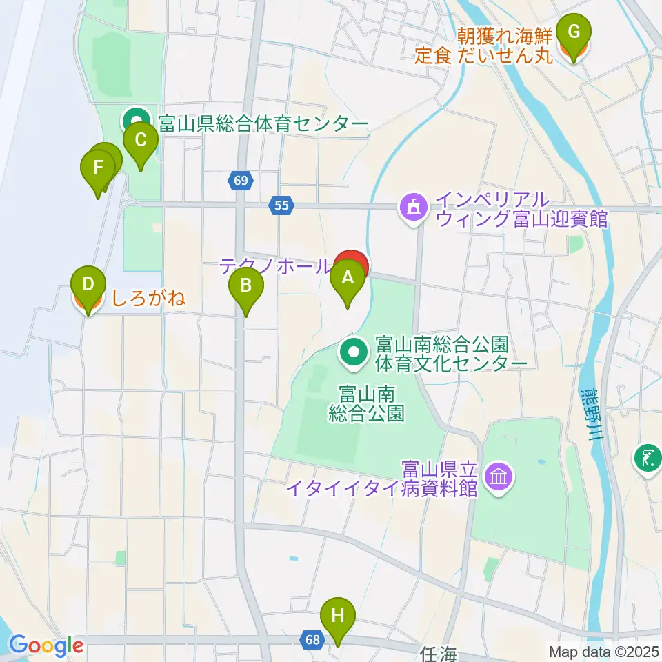 富山テクノホール周辺のファミレス・ファーストフード一覧地図