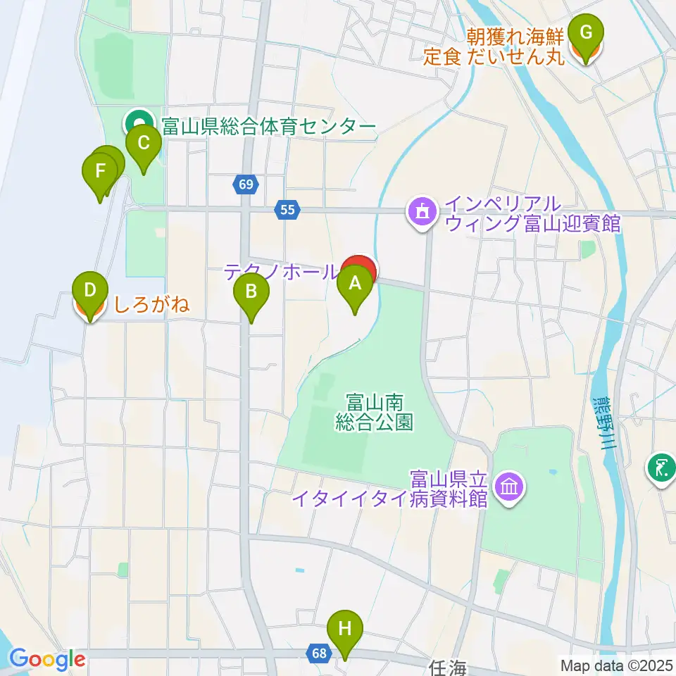 富山テクノホール周辺のファミレス・ファーストフード一覧地図