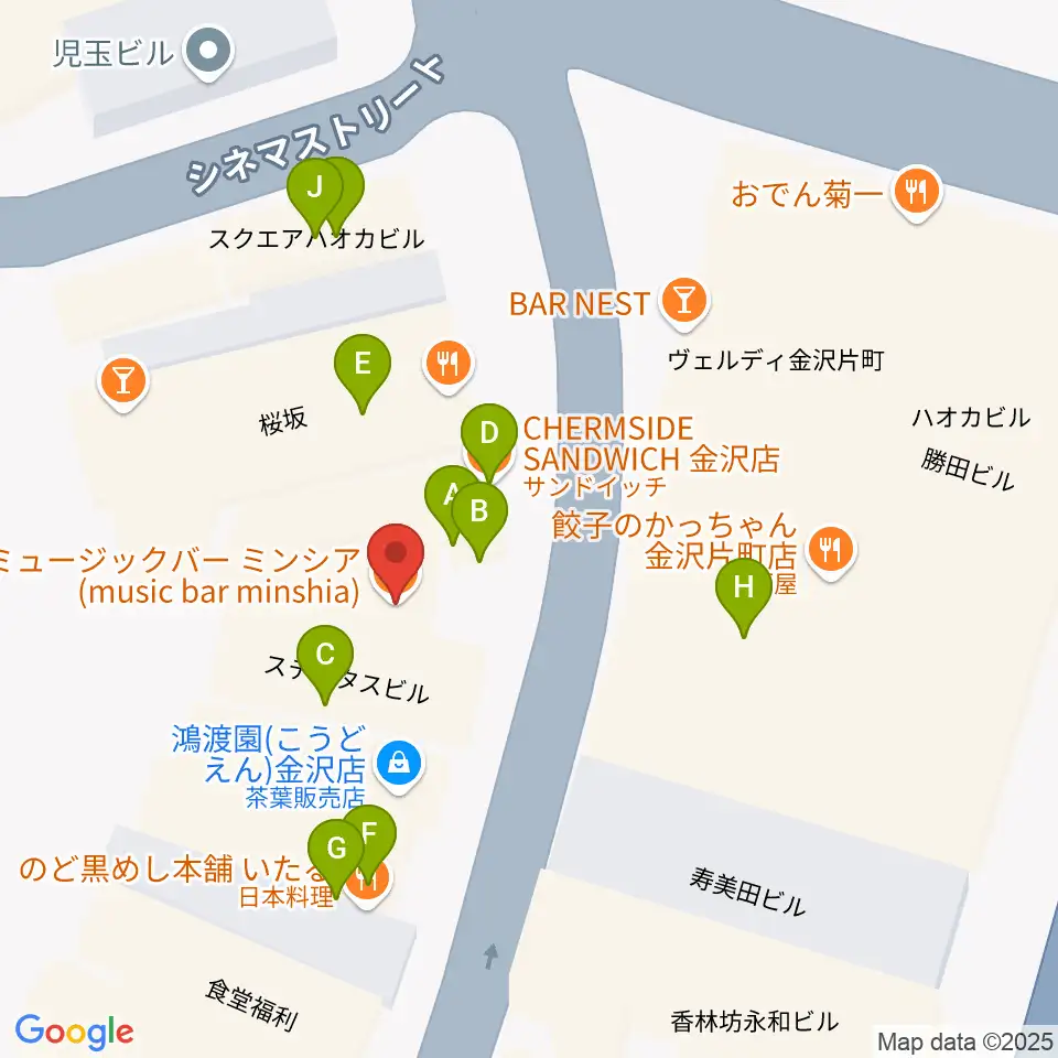 金沢MINSHIA周辺のファミレス・ファーストフード一覧地図
