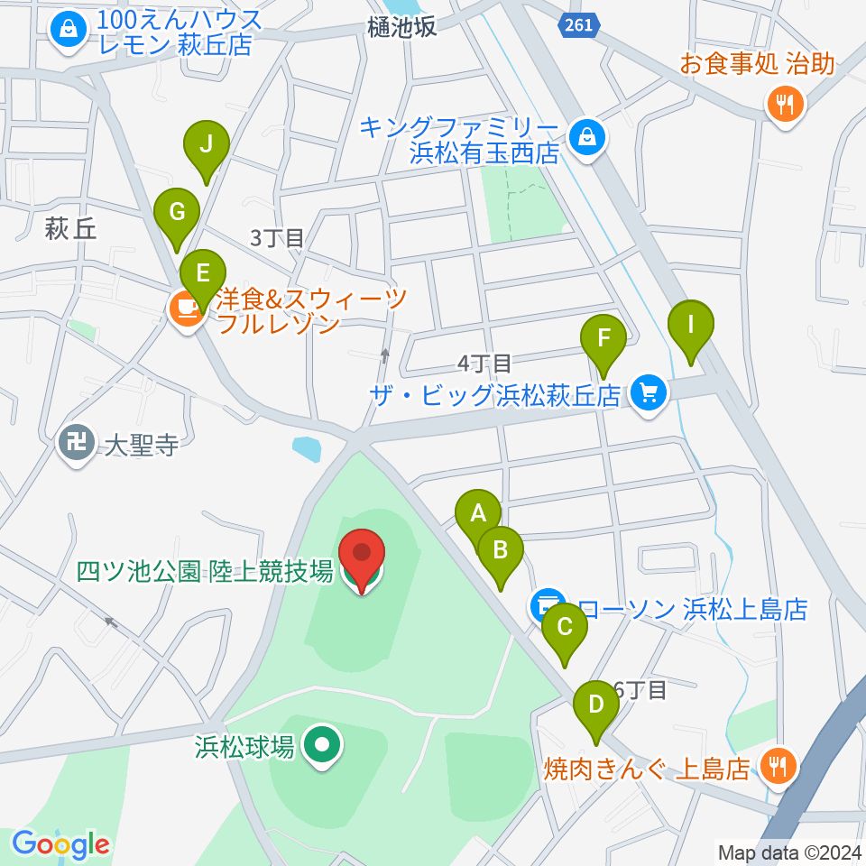 四ツ池公園陸上競技場周辺のファミレス・ファーストフード一覧地図