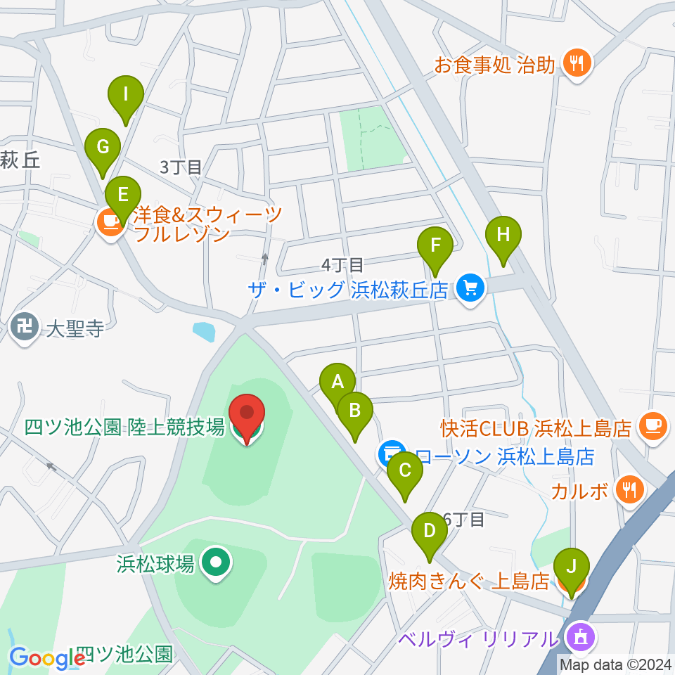 四ツ池公園陸上競技場周辺のファミレス・ファーストフード一覧地図