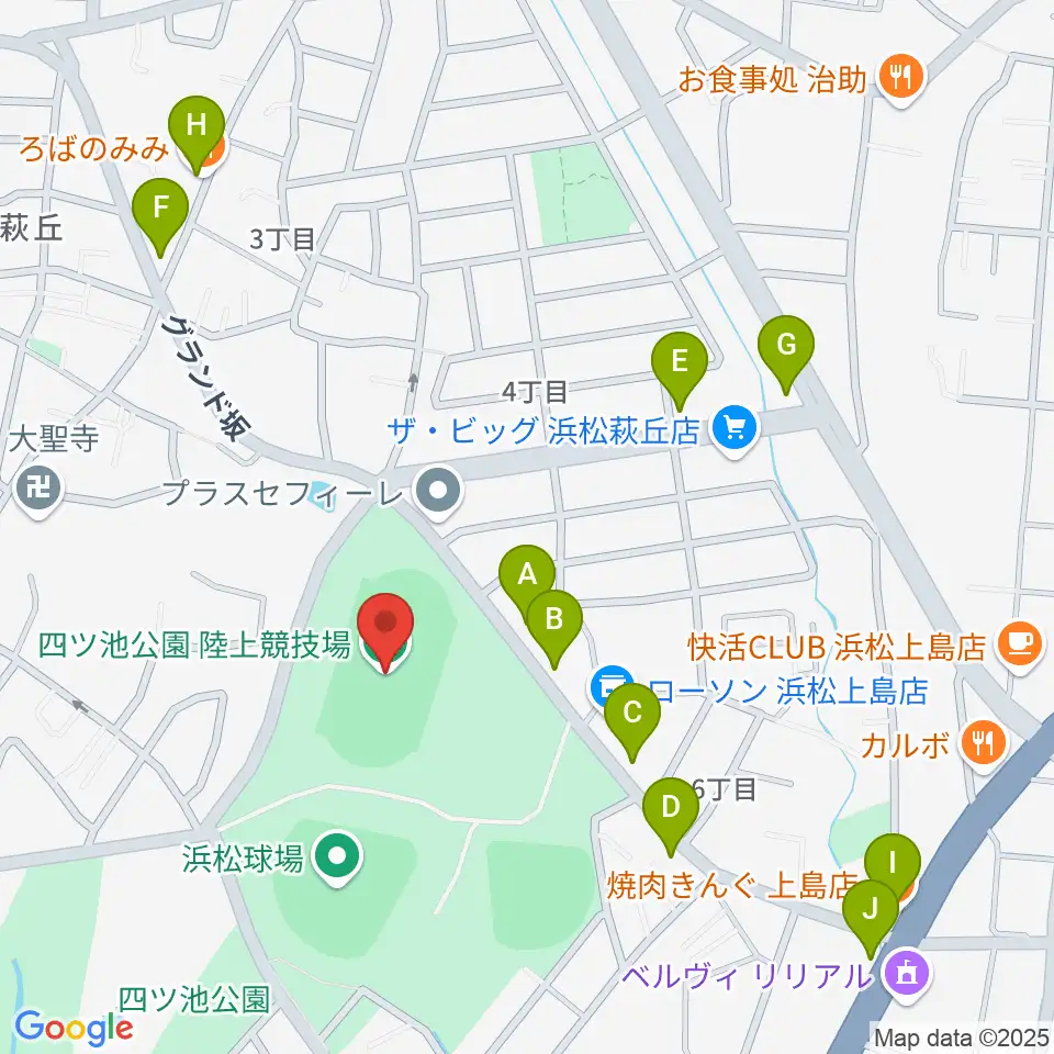 四ツ池公園陸上競技場周辺のファミレス・ファーストフード一覧地図